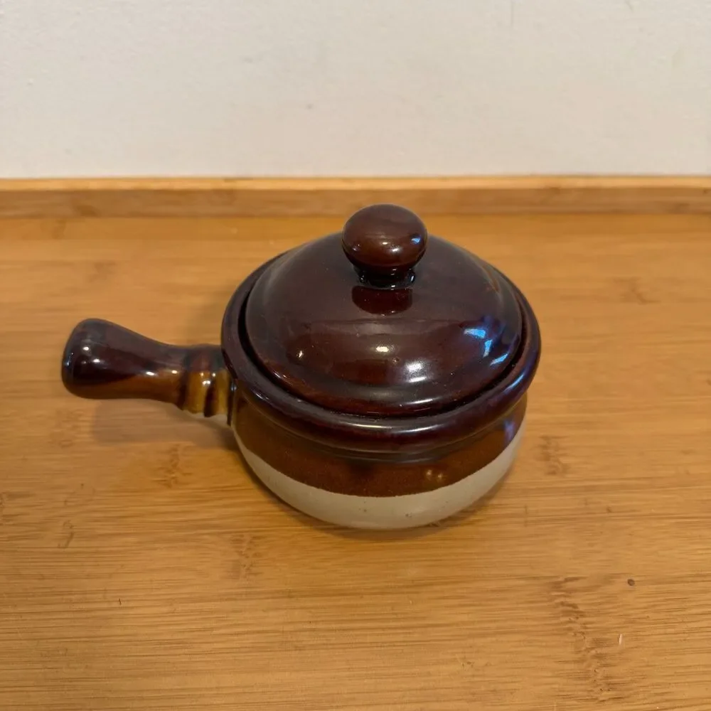 Vintage Brown Beige Stoneware Handled Casserole Crock w Lid Pottery MCM